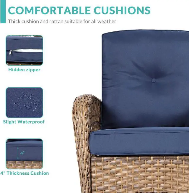 Alt view image 6 of 7 - MEETWARM Outdoor Wicker Rocking Chair, Rattan Patio Rocker Chairs with Cushions and Steel Frame - Navy Blue