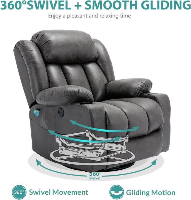 Alt view image 3 of 7 - MEETWARM Massage Swivel Rocker Recliner with Heat and Vibration, Manual Glider Rocking Recliner Chair, 360°Swivel Lounge Reclining Chair with Cup Holder/Remote Control/USB Ports(Grey)