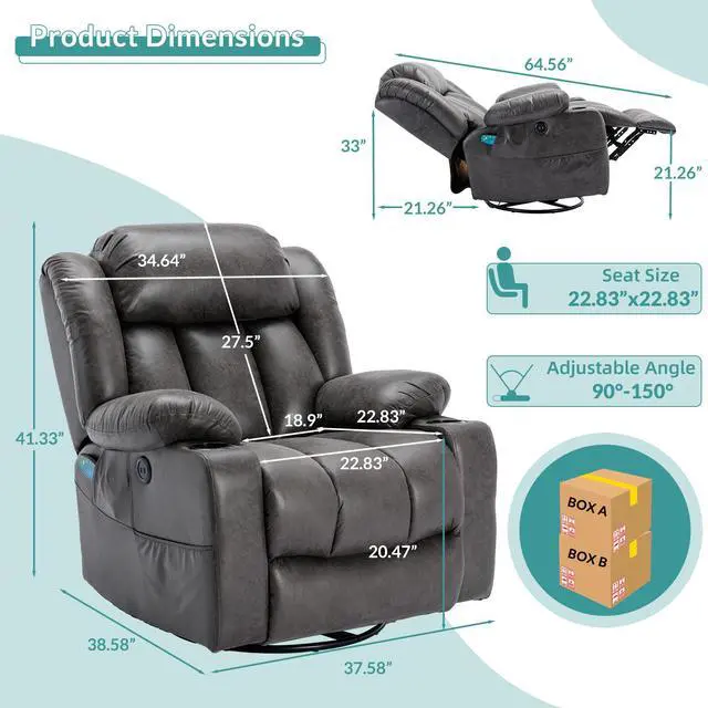 Alt view image 2 of 7 - MEETWARM Massage Swivel Rocker Recliner with Heat and Vibration, Manual Glider Rocking Recliner Chair, 360°Swivel Lounge Reclining Chair with Cup Holder/Remote Control/USB Ports(Grey)