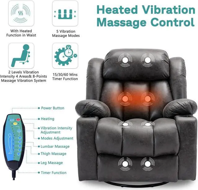 Alt view image 4 of 7 - MEETWARM Massage Swivel Rocker Recliner with Heat and Vibration, Manual Glider Rocking Recliner Chair, 360°Swivel Lounge Reclining Chair with Cup Holder/Remote Control/USB Ports(Grey)