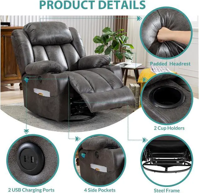 Alt view image 5 of 7 - MEETWARM Massage Swivel Rocker Recliner with Heat and Vibration, Manual Glider Rocking Recliner Chair, 360°Swivel Lounge Reclining Chair with Cup Holder/Remote Control/USB Ports(Grey)