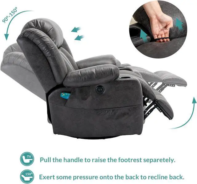 Alt view image 6 of 7 - MEETWARM Massage Swivel Rocker Recliner with Heat and Vibration, Manual Glider Rocking Recliner Chair, 360°Swivel Lounge Reclining Chair with Cup Holder/Remote Control/USB Ports(Grey)