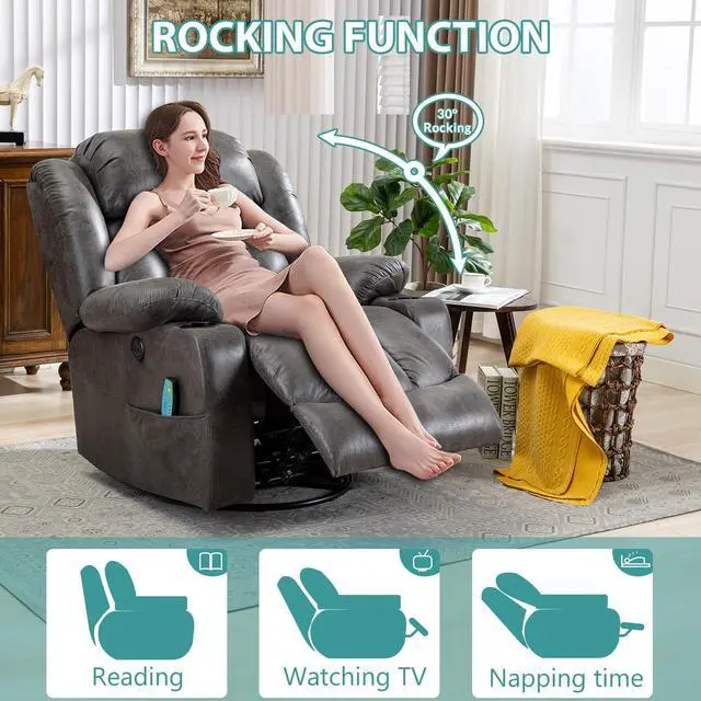 Alt view image 7 of 7 - MEETWARM Massage Swivel Rocker Recliner with Heat and Vibration, Manual Glider Rocking Recliner Chair, 360°Swivel Lounge Reclining Chair with Cup Holder/Remote Control/USB Ports(Grey)