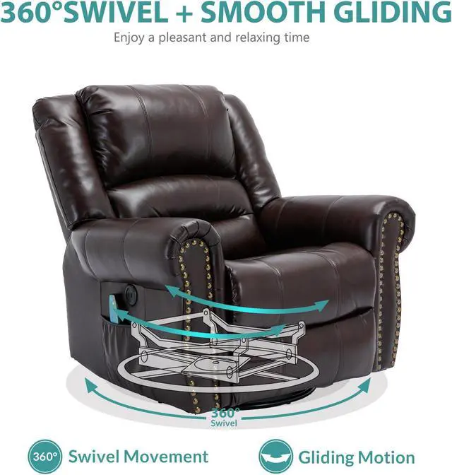 Alt view image 4 of 7 - MEETWARM Massage Swivel Rocker Recliner with Heat and Vibration, Manual Glider Rocking Recliner Chair, 360°Swivel Lounge Reclining Chair with Remote Control/USB Ports for Living Room(Dark Brown)