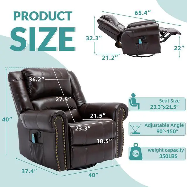 Alt view image 2 of 7 - MEETWARM Massage Swivel Rocker Recliner with Heat and Vibration, Manual Glider Rocking Recliner Chair, 360°Swivel Lounge Reclining Chair with Remote Control/USB Ports for Living Room(Dark Brown)