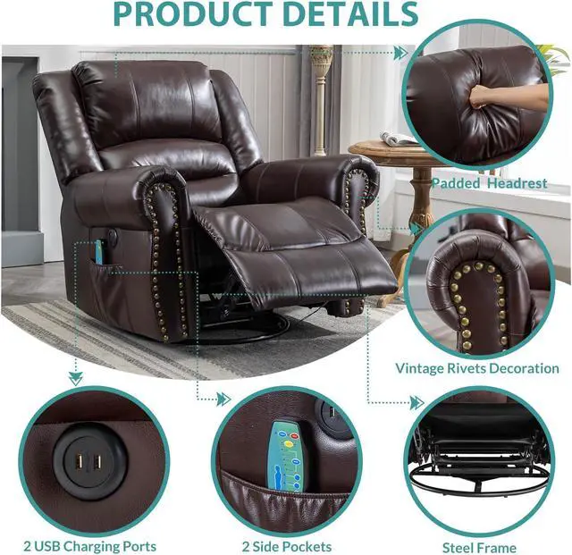 Alt view image 5 of 7 - MEETWARM Massage Swivel Rocker Recliner with Heat and Vibration, Manual Glider Rocking Recliner Chair, 360°Swivel Lounge Reclining Chair with Remote Control/USB Ports for Living Room(Dark Brown)