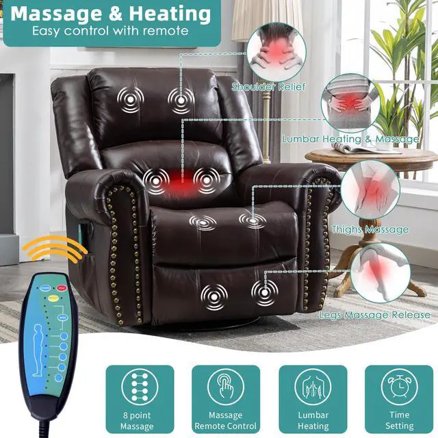 Alt view image 3 of 7 - MEETWARM Massage Swivel Rocker Recliner with Heat and Vibration, Manual Glider Rocking Recliner Chair, 360°Swivel Lounge Reclining Chair with Remote Control/USB Ports for Living Room(Dark Brown)