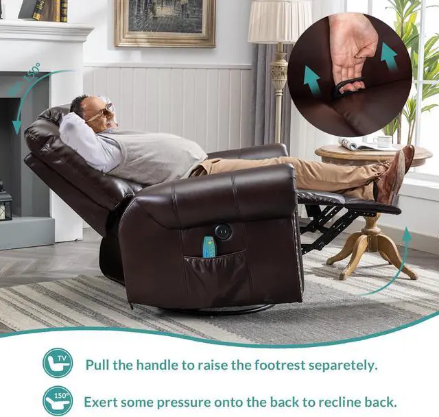 Alt view image 6 of 7 - MEETWARM Massage Swivel Rocker Recliner with Heat and Vibration, Manual Glider Rocking Recliner Chair, 360°Swivel Lounge Reclining Chair with Remote Control/USB Ports for Living Room(Dark Brown)