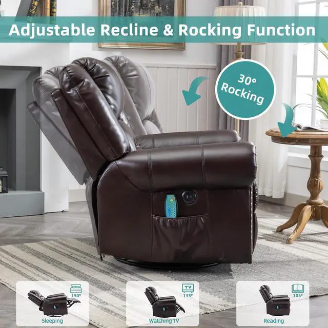 Alt view image 7 of 7 - MEETWARM Massage Swivel Rocker Recliner with Heat and Vibration, Manual Glider Rocking Recliner Chair, 360°Swivel Lounge Reclining Chair with Remote Control/USB Ports for Living Room(Dark Brown)