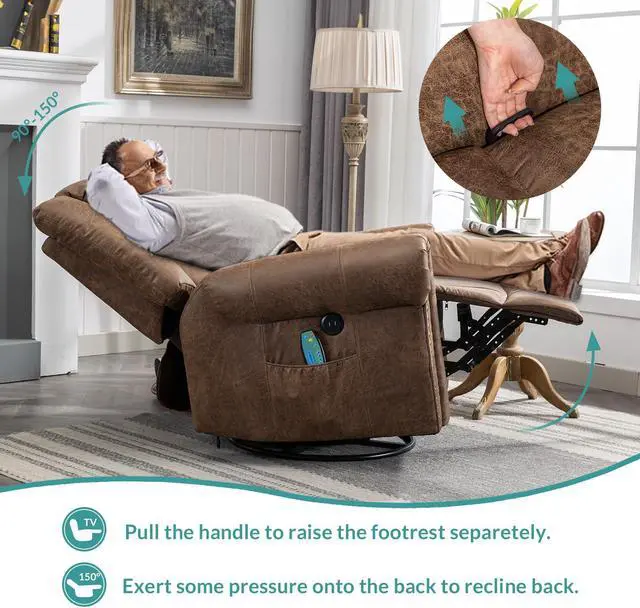 Alt view image 6 of 7 - MEETWARM Massage Swivel Rocker Recliner with Heat and Vibration, Manual Glider Rocking Recliner Chair, 360°Swivel Lounge Reclining Chair with Remote Control/USB Ports for Living Room(Brown)