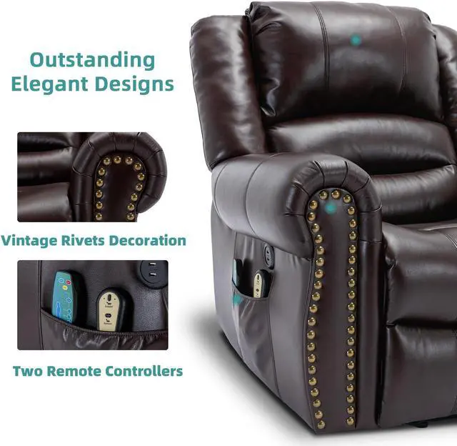 Alt view image 5 of 7 - MEETWARM Large Power Lift Electric Recliner Chair with Massage and Heat, Overstuffed Wide Recliner for Elderly, Heavy Duty Recliner for Living Room with 2 Remote Controls/USB Ports/Side Pockets(Dark)