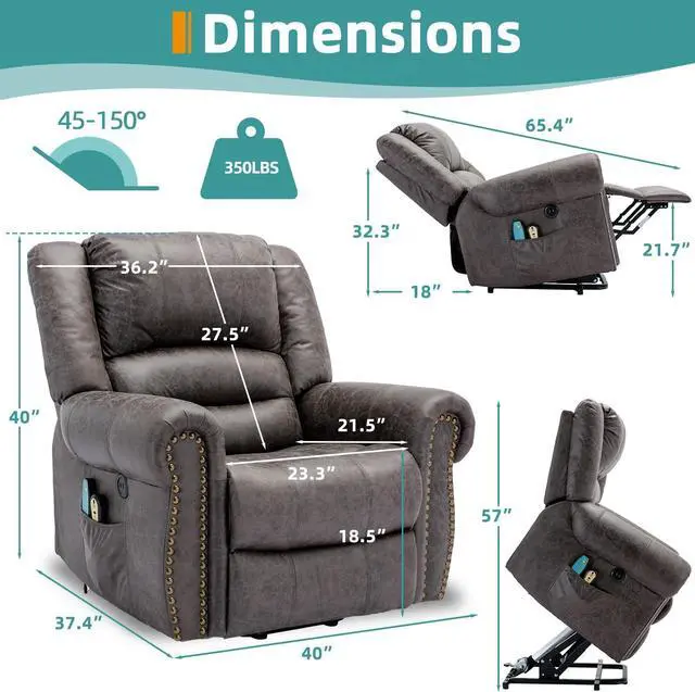 Alt view image 2 of 7 - MEETWARM Large Power Lift Electric Recliner Chair with Massage and Heat, Overstuffed Wide Recliner for Elderly, Heavy Duty Recliner for Living Room with 2 Remote Controls/USB Ports/Side Pockets(Grey)