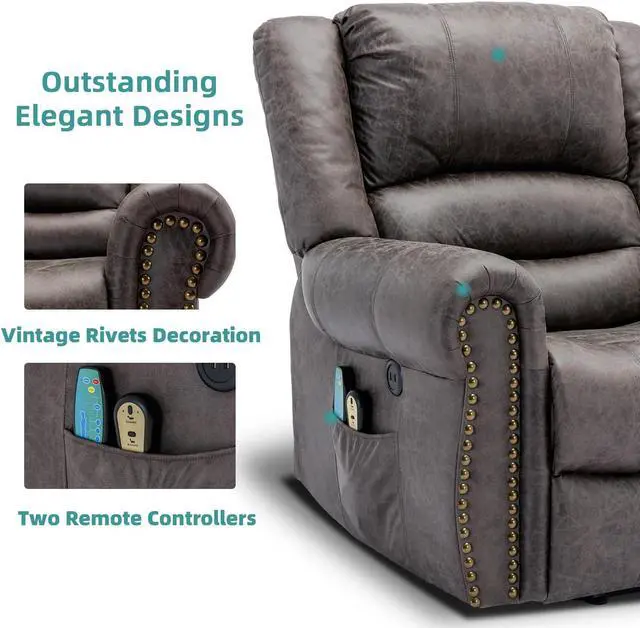 Alt view image 5 of 7 - MEETWARM Large Power Lift Electric Recliner Chair with Massage and Heat, Overstuffed Wide Recliner for Elderly, Heavy Duty Recliner for Living Room with 2 Remote Controls/USB Ports/Side Pockets(Grey)
