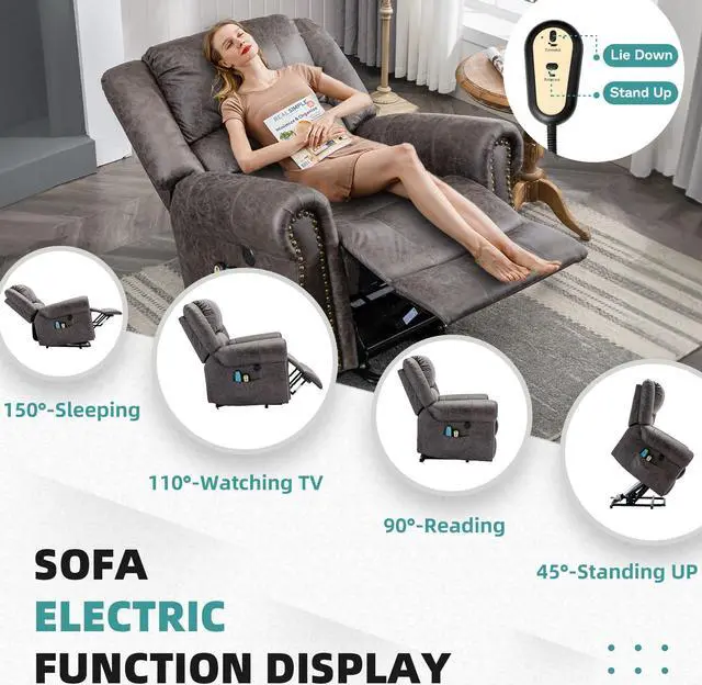 Alt view image 6 of 7 - MEETWARM Large Power Lift Electric Recliner Chair with Massage and Heat, Overstuffed Wide Recliner for Elderly, Heavy Duty Recliner for Living Room with 2 Remote Controls/USB Ports/Side Pockets(Grey)