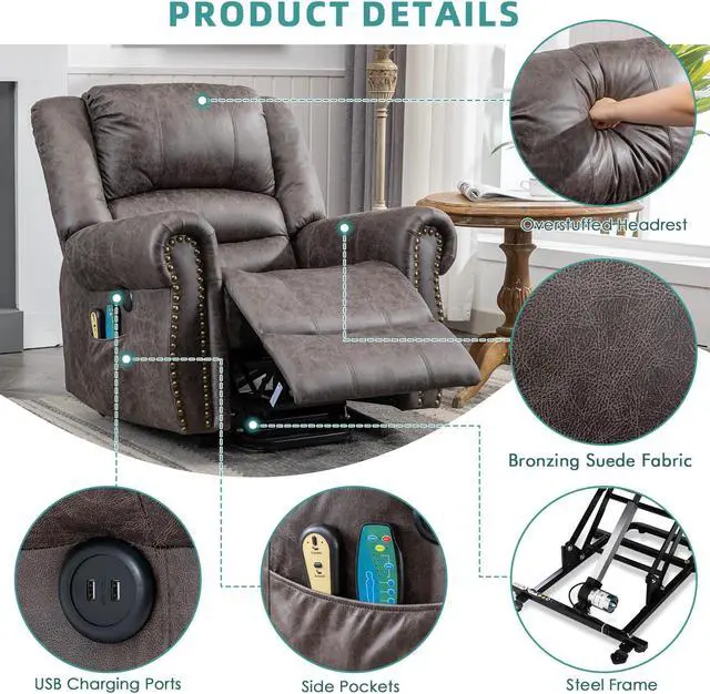 Alt view image 7 of 7 - MEETWARM Large Power Lift Electric Recliner Chair with Massage and Heat, Overstuffed Wide Recliner for Elderly, Heavy Duty Recliner for Living Room with 2 Remote Controls/USB Ports/Side Pockets(Grey)