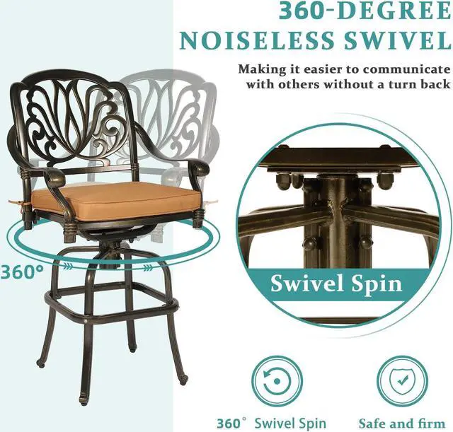 Alt view image 4 of 7 - MEETWARM 3-Piece Patio Swivel Bar Set, All-Weather Cast Aluminum Outdoor High Bar Stool Bistro Set for Backyard Garden with 2 Cushions Bar Chairs with Footrest and 35.4" Bar Table, 2" Umbrella Hole