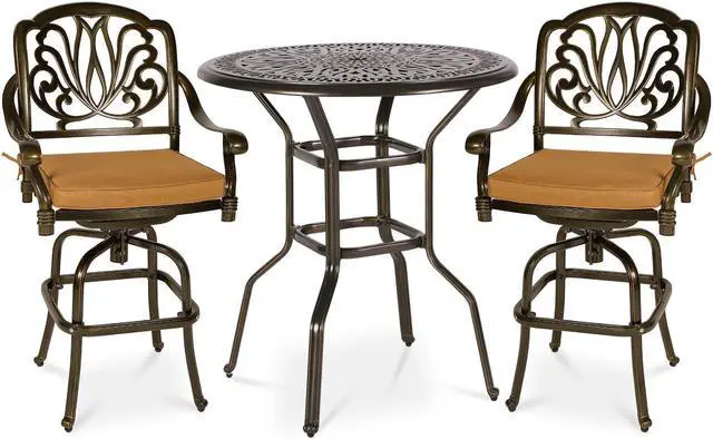 Main image of MEETWARM 3-Piece Patio Swivel Bar Set, All-Weather Cast Aluminum Outdoor High Bar Stool Bistro Set for Backyard Garden with 2 Cushions Bar Chairs with Footrest and 35.4" Bar Table, 2" Umbrella Hole