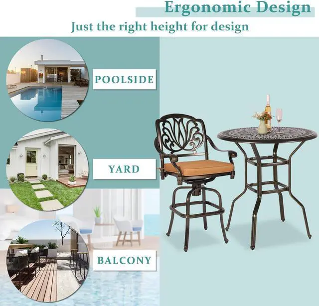 Alt view image 6 of 7 - MEETWARM 3-Piece Patio Swivel Bar Set, All-Weather Cast Aluminum Outdoor High Bar Stool Bistro Set for Backyard Garden with 2 Cushions Bar Chairs with Footrest and 35.4" Bar Table, 2" Umbrella Hole
