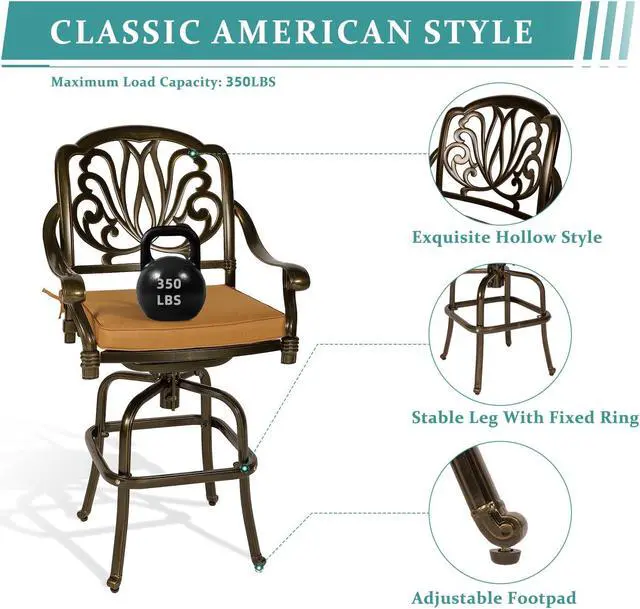Alt view image 3 of 7 - MEETWARM 3-Piece Patio Swivel Bar Set, All-Weather Cast Aluminum Outdoor High Bar Stool Bistro Set for Backyard Garden with 2 Cushions Bar Chairs with Footrest and 35.4" Bar Table, 2" Umbrella Hole