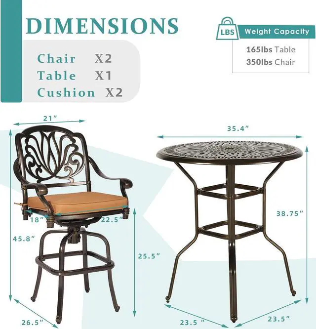 Alt view image 2 of 7 - MEETWARM 3-Piece Patio Swivel Bar Set, All-Weather Cast Aluminum Outdoor High Bar Stool Bistro Set for Backyard Garden with 2 Cushions Bar Chairs with Footrest and 35.4" Bar Table, 2" Umbrella Hole