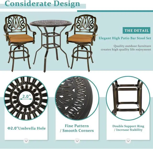 Alt view image 5 of 7 - MEETWARM 3-Piece Patio Swivel Bar Set, All-Weather Cast Aluminum Outdoor High Bar Stool Bistro Set for Backyard Garden with 2 Cushions Bar Chairs with Footrest and 35.4" Bar Table, 2" Umbrella Hole