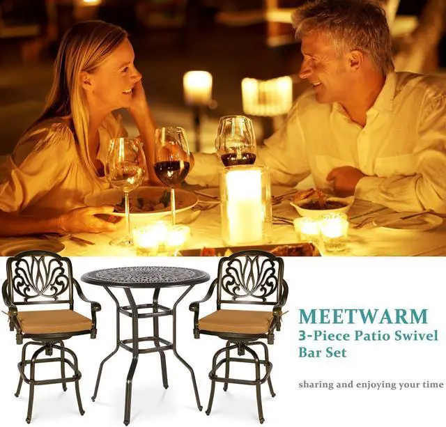 Alt view image 7 of 7 - MEETWARM 3-Piece Patio Swivel Bar Set, All-Weather Cast Aluminum Outdoor High Bar Stool Bistro Set for Backyard Garden with 2 Cushions Bar Chairs with Footrest and 35.4" Bar Table, 2" Umbrella Hole