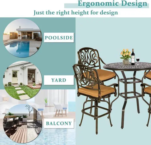 Alt view image 4 of 7 - MEETWARM 5-Piece Patio Swivel Bar Set, All-Weather Cast Aluminum Outdoor High Bar Stool Bistro Set for Backyard Garden with 4 Cushions Bar Chairs with Footrest and 35.4" Bar Table, 2" Umbrella Hole