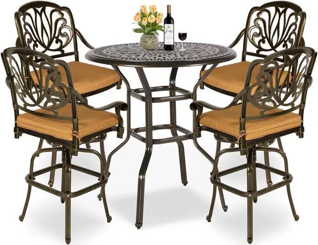 Main image of MEETWARM 5-Piece Patio Swivel Bar Set, All-Weather Cast Aluminum Outdoor High Bar Stool Bistro Set for Backyard Garden with 4 Cushions Bar Chairs with Footrest and 35.4" Bar Table, 2" Umbrella Hole