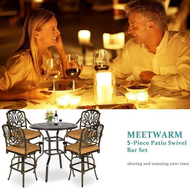 Alt view image 5 of 7 - MEETWARM 5-Piece Patio Swivel Bar Set, All-Weather Cast Aluminum Outdoor High Bar Stool Bistro Set for Backyard Garden with 4 Cushions Bar Chairs with Footrest and 35.4" Bar Table, 2" Umbrella Hole