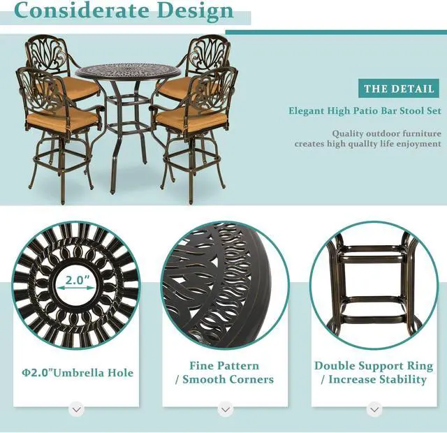 Alt view image 7 of 7 - MEETWARM 5-Piece Patio Swivel Bar Set, All-Weather Cast Aluminum Outdoor High Bar Stool Bistro Set for Backyard Garden with 4 Cushions Bar Chairs with Footrest and 35.4" Bar Table, 2" Umbrella Hole
