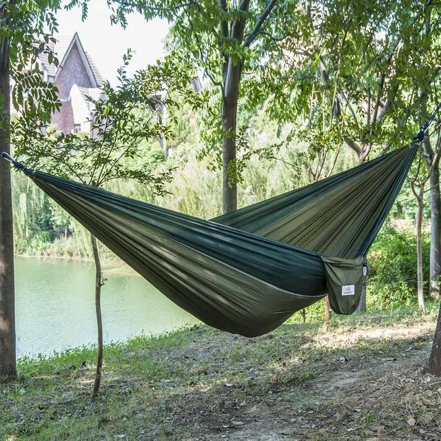 Alt view image 2 of 4 - OuterEQ Portable Parachute Camping Hammocks Lightweight Nylon Fabric Travel Hammock (Army/Olive, 295cm x 198cm/Double)