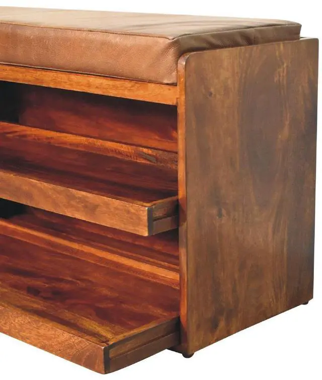 Alt view image 4 of 7 - Artisan Furniture Buffalo Hide Pull out Chestnut Shoe Storage Bench