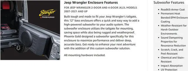 Alt view image 10 of 20 - Stinger TXJWB12 12" Swing Gate Mounted Subwoofer Enclosure For Jeep Wrangler JK/JKU, JL/JLU 2007-2022
