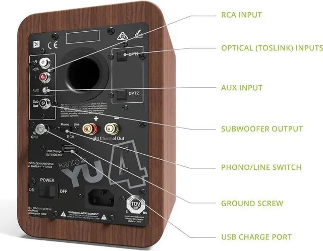 Alt view image 14 of 20 - Kanto YU4 Powered Bookshelf Speakers with Built-In Bluetooth, 1" Silk Dome Tweeter and 4" Kevlar Woofer - Pair (Walnut)