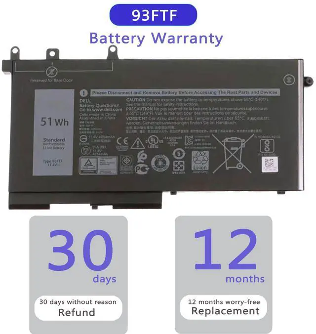 Alt view image 7 of 7 - 93FTF Laptop Battery for Dell Latitude 5280 5480 5580 5590 5490 5288 5290 5290 5488 5495 E5480 E5580 E5590 Dell Precision 15 3520 3530 93FTF D4CMT DJWGP DV9NT FPT1C GD1JP 0DJWGP 4YFVG 11.4V 51Wh