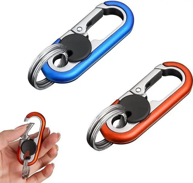 Main image of 2 pcs Mens Car Keychains Double Ring Design High-elasticity Buckle Blue+Orange