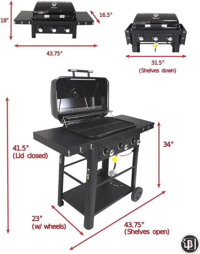 Alt view image 7 of 7 - Brand-Man Bronco2 3-Burner Portable Liquid Propane Gas Grill, Black, Outdoor & Garden Use