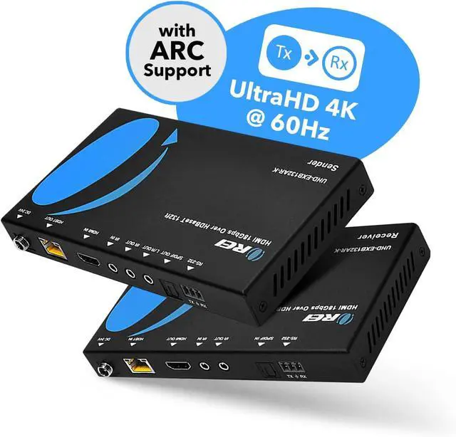 Alt view image 2 of 7 - OREI 4K HDMI Extender Balun - HDBaseT UltraHD 4K @ 60Hz 4:4:4 Over Single CAT5e/6/7 Cable with HDR, ARC, CEC & IR Support, RS-232 - Up to 130 Ft @ 4K - 230 Ft @ 1080P - Power Over Cable - Audio Out