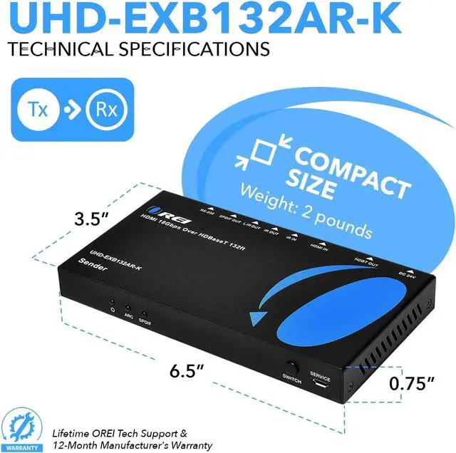 Alt view image 5 of 7 - OREI 4K HDMI Extender Balun - HDBaseT UltraHD 4K @ 60Hz 4:4:4 Over Single CAT5e/6/7 Cable with HDR, ARC, CEC & IR Support, RS-232 - Up to 130 Ft @ 4K - 230 Ft @ 1080P - Power Over Cable - Audio Out