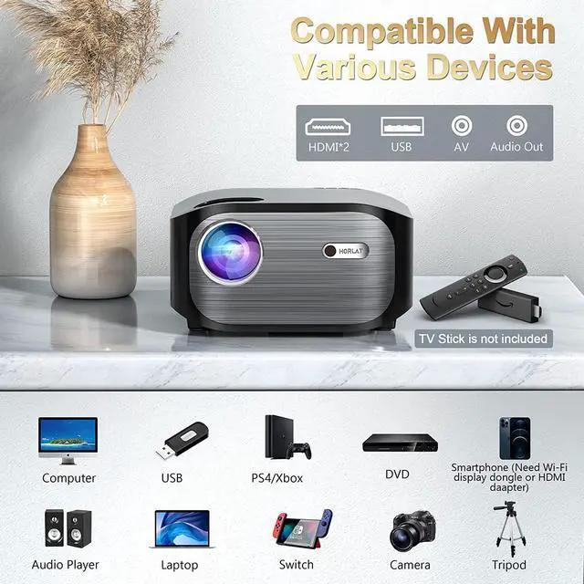 Alt view image 6 of 6 - HORLAT 5G WiFi Bluetooth Projector 360 ANSI Lumen Full HD Native 1080P Projector Support 4k,Dolby,Home Theater&Outdoor Video Projector for iOS/Android Smartphone/Laptop/TV Stick/PS5/PPT