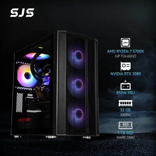 Alt view image 2 of 7 - SEJISHI Gaming PC Computer AMD Ryzen 7 5700X 3.4 GHz, NVIDIA GeForce RTX 3080,32GB(16G*2) DDR4 3200MHz,NVME M.2 1TB SSD, 850W, sjs240Liquid-Cooled, Win 11 Ready Gaming Desktop Computer