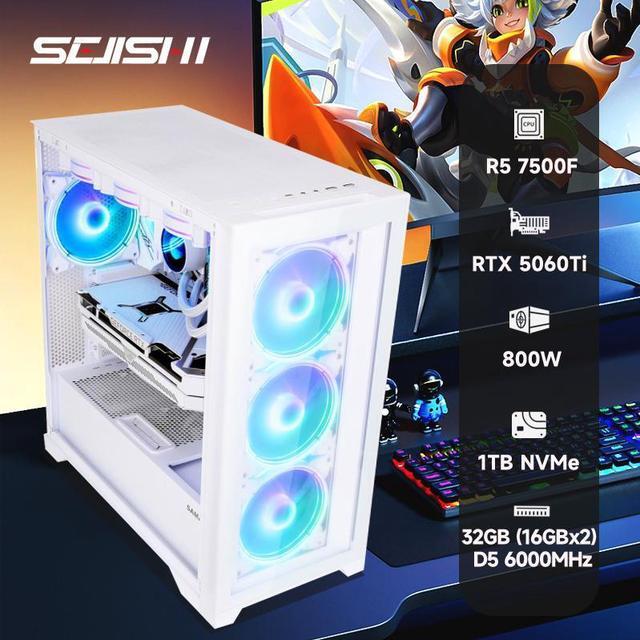 Alt view image 3 of 7 - SEJISHI Gaming PC AMD Ryzen 5 7500F,GeForce RTX5060TI 16G 128bit,32GB(16G*2)DDR5 6000 MHz,NVME M.2 1TB SSD, 240 iquid-Cooled,RGB Sync,800W,Win 11 Ready, Gaming Desktop Computer (R5 7500F|RTX 5060TI)