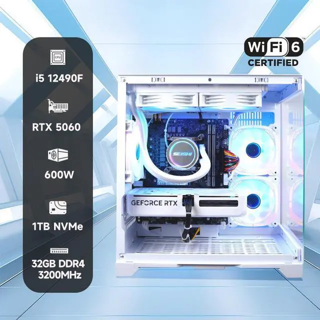Alt view image 2 of 7 - SEJISHI Gaming Desktop PC-Windows 11-Intel Core i5-12490F-GeForce RTX 5060 DLSS 4-DDR4 32GB 3200MHz-1TB M.2 NVMe SSD-600W-panoramic PC case WiFi6 liquid coole Prebuilt Gaming PC (i5 12490F | RTX 5060)