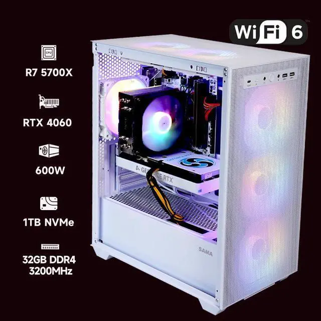 Alt view image 3 of 8 - SEJISHI(R7 5700X+RTX 4060) Gaming PC AMD Ryzen 7 5700X 3.4GHz to 4.6GHZ, NVIDIA GeForce RTX4060,32GB(16G*2)DDR4 3200MHz,M.2 1TB SSD,600W psu,Win 11 Ready, Gaming Desktop computer