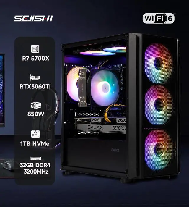 Alt view image 2 of 6 - SEJISHI Gaming PC Computer AMD Ryzen 7 5700X 3.4 GHz, GeForce RTX 3060TI,32GB(16G*2) DDR4 3200MHz,NVME M.2 1TB SSD, 800W, Air Cooling, Win11 Ready Gaming Desktop Computer(R7 5700X+RTX 3060TI)