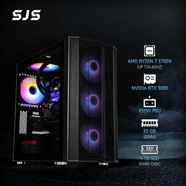 Alt view image 3 of 7 - SEJISHI Gaming PC Computer AMD Ryzen 7 5700X 3.4 GHz, NVIDIA GeForce RTX 3080,32GB(16G*2) DDR4 3200MHz,NVME M.2 1TB SSD, 850W, sjs240Liquid-Cooled, Win 11 Ready Gaming Desktop Computer