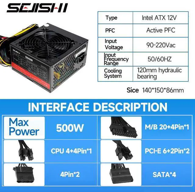 Alt view image 3 of 7 - SEJISHI 500W Power Supply 80 Plus Certified Fixed Cable Non-Modular ATX PSU Active PFC SLI Crossfire Ready Gaming PC Computer Switching Power Supply