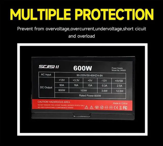 Alt view image 3 of 7 - SEJISHI 600W Power Supply 80 Plus Certified Fixed Cable Non-Modular ATX PSU Active PFC SLI Crossfire Ready Gaming PC Computer Switching Power Supply