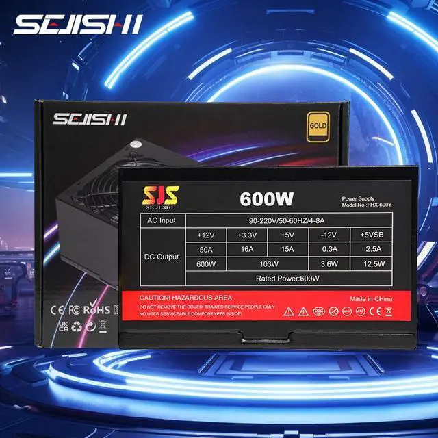 Main image of SEJISHI 600W Power Supply 80 Plus Certified Fixed Cable Non-Modular ATX PSU Active PFC SLI Crossfire Ready Gaming PC Computer Switching Power Supply