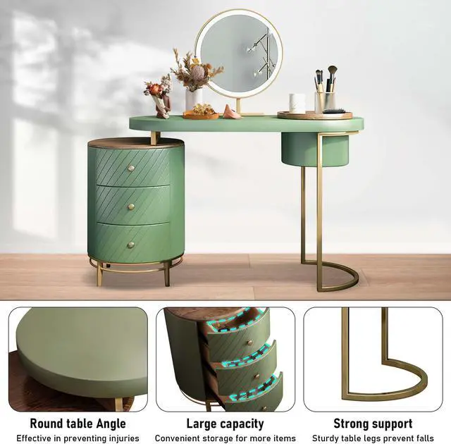 Alt view image 5 of 7 - Aukfa Makeup Vanity Table - Dressing Table With LED Lighted Mirror and Movable Tray Top 43" - Green